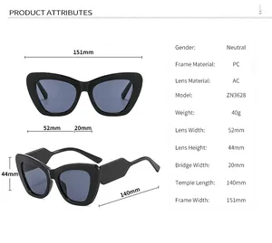 Detailed size guide and technical specifications for cat-eye fashion sunglasses