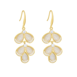 Elegant gold leaf drop earrings with white cat-eye stone and crystal accents for women
