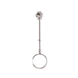 Detailed view of silver rose-shaped smoking ring holder with polished metal finish
