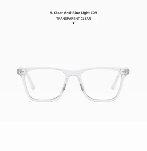 Detail view of transparent clear square frames with anti-blue light flat lenses