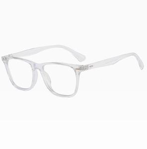 Close-up of TR3025 transparent eyeglass frame temple with detailed size specs and CE mark