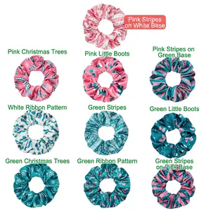 Pink and green Christmas velvet scrunchies set with festive patterns on white background