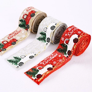 Christmas Tree Ribbon Burlap Fabric Retro Truck Print Merry Christmas Festive Decorative Garland For Holiday Wrapping
