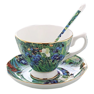 Fine bone china coffee cup set with Van Gogh Irises oil painting and gold rim detail