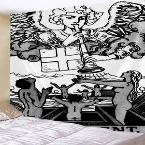 Detail view of black and white Judgement Tarot tapestry on bedroom wall for room decor