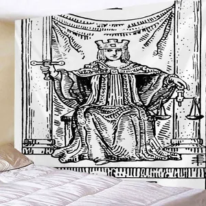 Detailed macro shot of black and white Justice Tarot tapestry fabric texture and line art