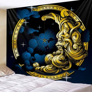 Detailed interior wall hanging tapestry featuring golden moon face and starry myth design