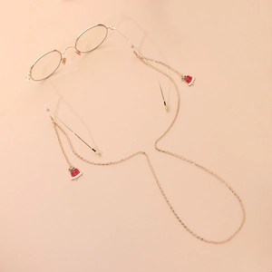 Golden Christmas bell glasses chain with red and green enamel charms for women