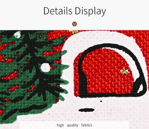 Macro detail of high quality burlap fabric with festive red and green Christmas printing
