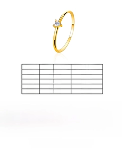 Size chart showing circumference and diameter for the minimalist heart zircon ring