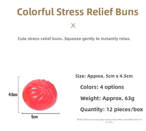 Macro detail of red bun stress relief toy with product dimensions and weight specs