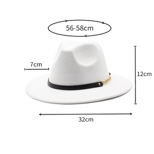 White wool fedora with gold chain and black band showing 56-58cm head size dimensions