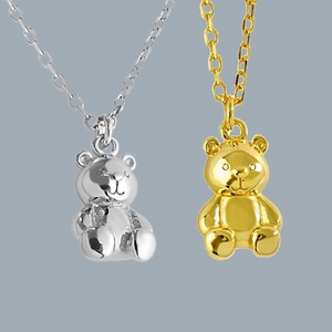 3D teddy bear pendant necklace set in polished gold and silver metal finishes for women