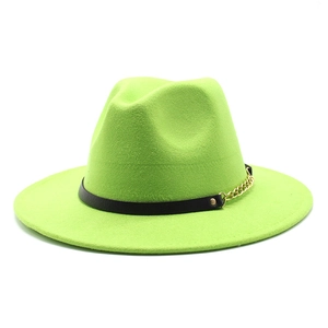 Detailed view of neon green fedora hat with wide brim, black leather band and gold chain