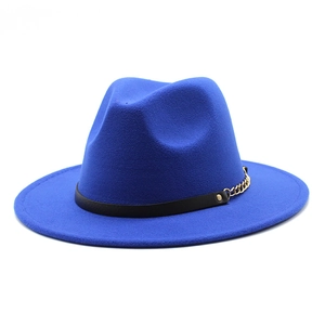 Royal blue wool fedora hat with black leather band and gold metal chain on white background