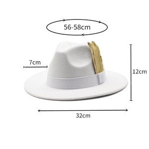 Detailed size specifications for a white fedora hat featuring golden feather ornaments