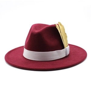 Detail of burgundy fedora hat featuring a white grosgrain ribbon and gold feather accent