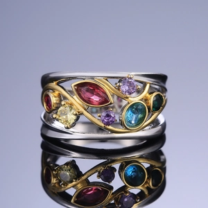 Fashionable multicolor gemstone ring with silver and gold intertwined vine hollow design