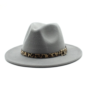 Classic gray fedora hat with leopard print band and golden buckle for men and women