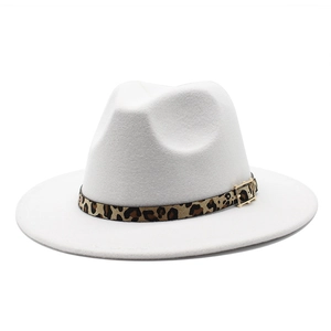 White wool felt fedora hat featuring a leopard print band and gold buckle detail