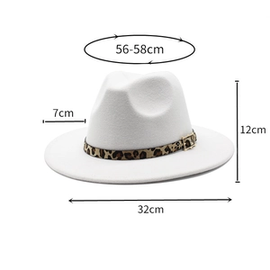 Detailed size guide of white fedora hat with leopard band and gold buckle details