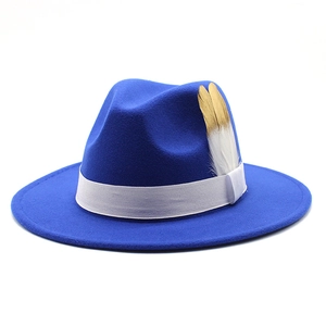 Détail d'un chapeau fedora en laine bleu vif à large bord avec ruban blanc et plume