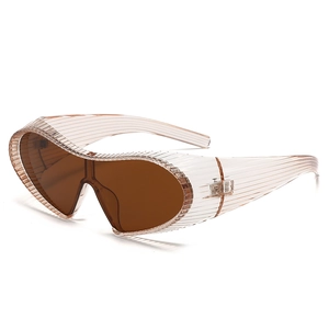 Steampunk oversized shield sunglasses with ribbed coffee frame and dark brown lens