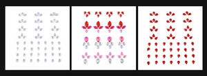 Detailed view of assorted crystal face stickers in clear, pink and red gemstone designs