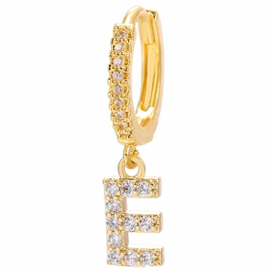 Macro shot of 18k gold plated earring with micro-pave zircon letter E pendant