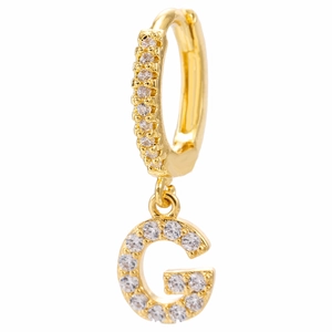 Close-up of gold-plated hoop earring featuring a letter G pendant with cubic zirconia