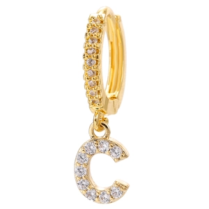 Detail of 18k gold plated hoop earring with micro-pave zircon letter C pendant