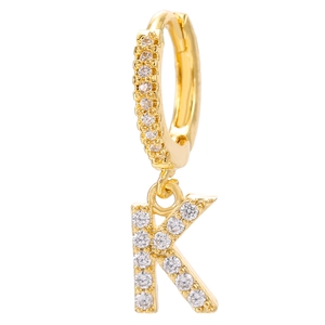 Close-up of gold plated letter K hoop earring with micro-paved cubic zirconia stones