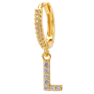 Macro shot of 18k gold letter L earring pendant featuring micro-pave cubic zirconia