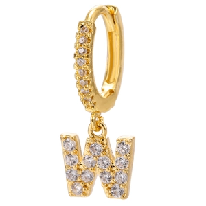 Detailed close-up of 18k gold letter W earring pendant with pave-set zircon stones