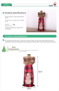Detail view of red black plaid Christmas wine bottle cover with snowman embroidery