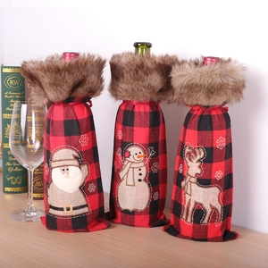 Red and black plaid Christmas wine bottle covers with Santa, Snowman and Reindeer designs