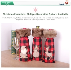 Detail of red and black plaid Christmas wine bottle covers with gnome and reindeer patterns