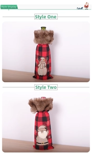 Detail of red and black buffalo plaid wine bottle covers with snowman and Santa embroidery