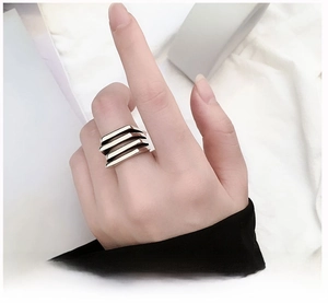 Macro detail of silver multi-layered stacked ring showing geometric layered metal design