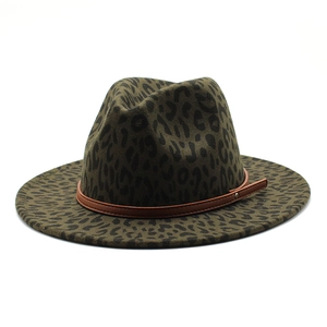 Olive green leopard print wool fedora hat with brown leather band and flat brim