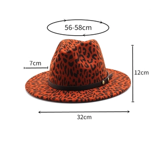 Leopard print fedora hat with size chart showing 56-58cm circumference and 7cm brim