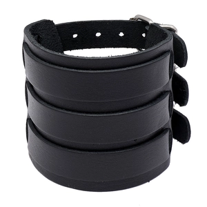 Mens retro punk black leather wrap bracelet with triple layers and adjustable silver metal buckle