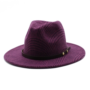 Classic burgundy plaid wool fedora hat with brown leather band and gold metal studs