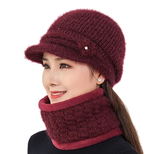 Winter wine red knit hat and scarf set with flower detail for middle-aged women