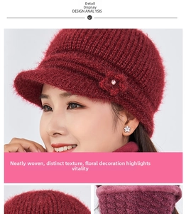 Detail of red knit hat for women with floral ornament and thick fleece lining for winter
