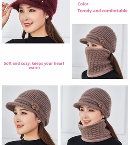 Detail of warm winter knitted hat and neck gaiter set with floral and pearl accents