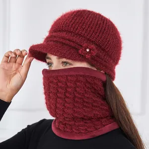 Women Winter Knitted Hat And Neck Warmer Acrylic Fleece Lined Thermal Flower Decor For Elderly Mother Warm Soft