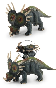 Vista detallada de la textura realista de la piel y la cresta de un dinosaurio de juguete