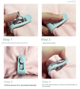 Four-step installation guide for needle-free duvet clips on pink fabric bedding