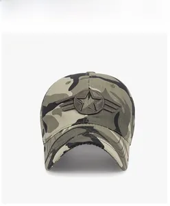 Detailed front view of camouflage tactical baseball cap featuring embroidered star design